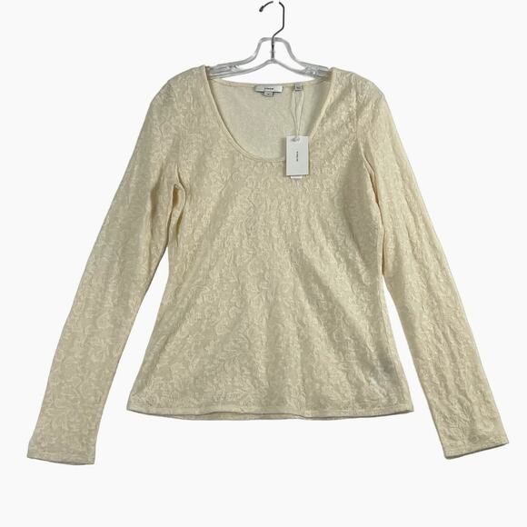 VINCE Leaf Pattern Jacquard Long Sleeve Scoop Neck T Shirt Ivory Womens Large - Picture 1 of 11